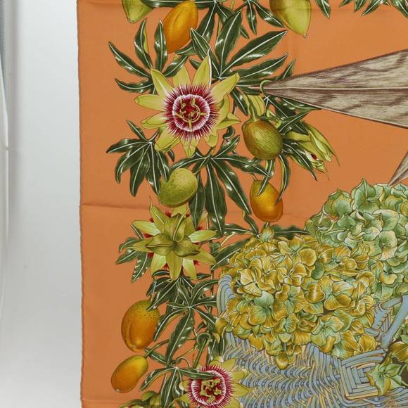 HERMES Carre 90 PASSIFLORES Scarf Silk Orange Auth am5974 - Picture 7 of 16